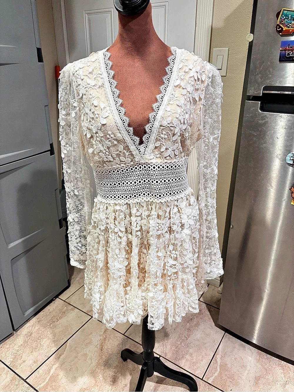 EB Luxe Los Angeles Floral Embroidered Lace Mini Dress White Large Like New
